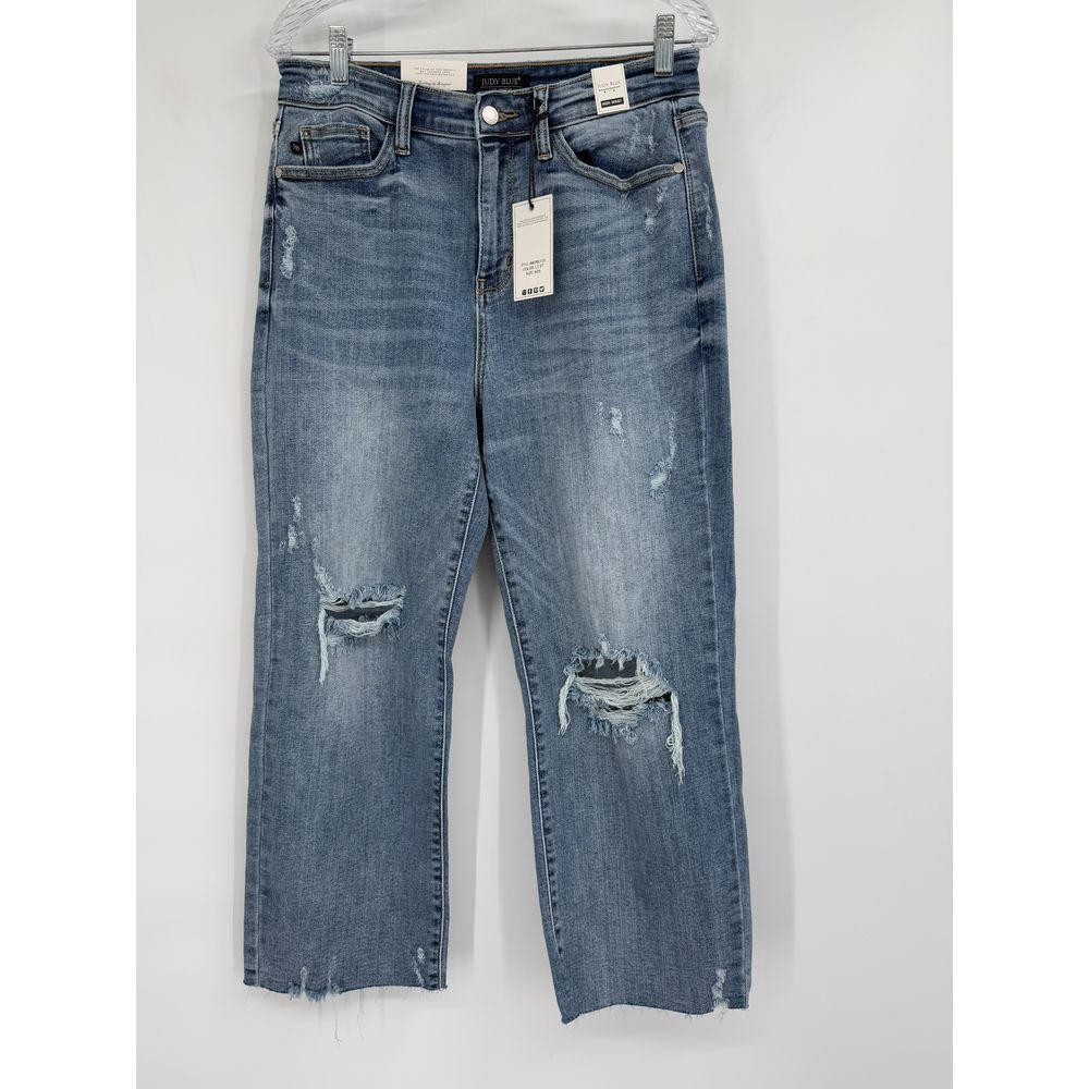 JUDY BLUE High Waisted Distressed Raw Hem Wide Leg Jeans‎ Straight NWT Sz 9/29